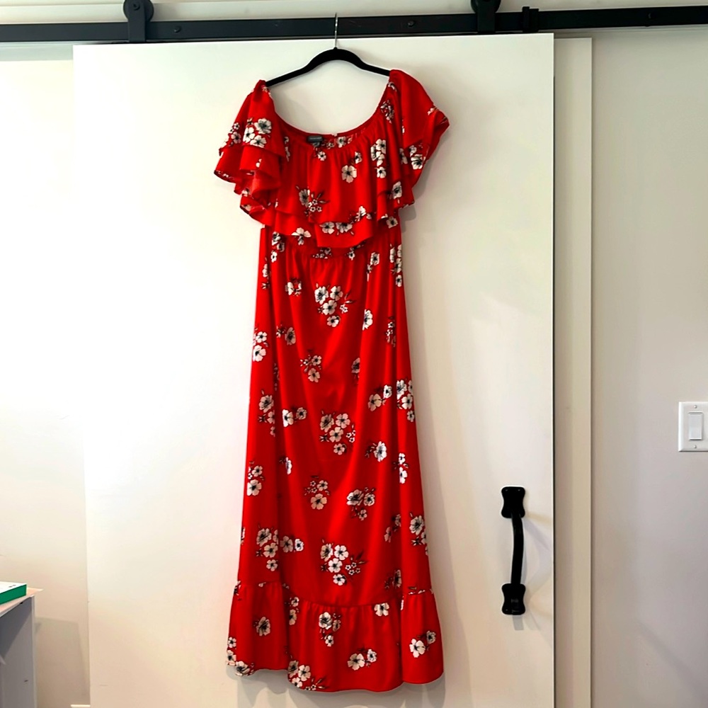 Size 14 red ruffle maxi on/off shoulder